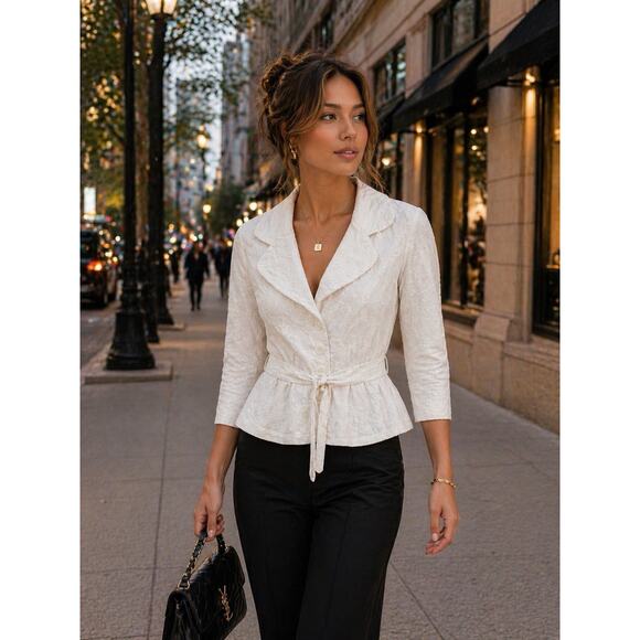 bebe Jackets & Blazers - Bebe White Floral Embroidered Jacket Size 6 Belted Waist Elegant City Style EUC